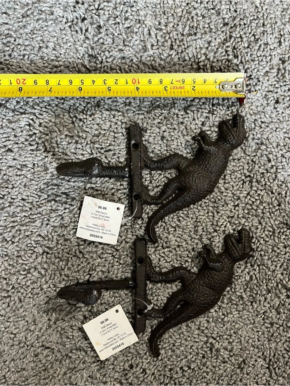 Hobby Lobby Black Dinosaur T-Rex Wall Hooks - Set of 2